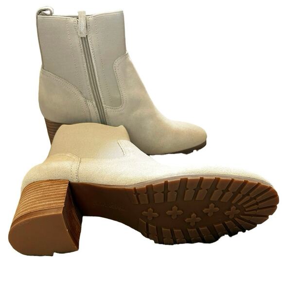 VIOLET & RED Beige Suede Leather Knit‎ Cuff Block Heel Booties 8 - Picture 3 of 5